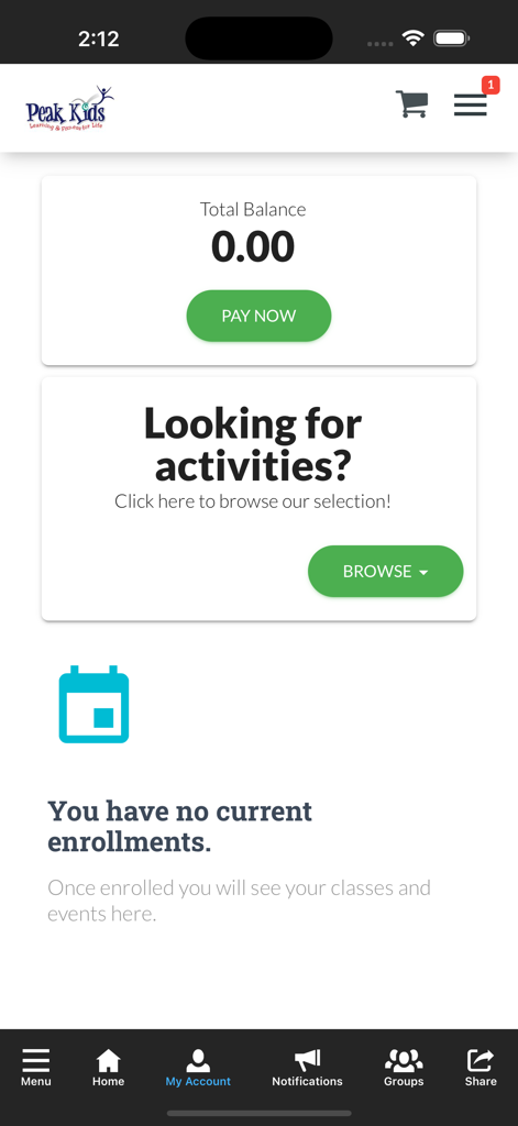 Peak Kids - Interfaz de la pantalla Mi Cuenta de la app Peak Kids que muestra el saldo total y un botón para explorar actividades