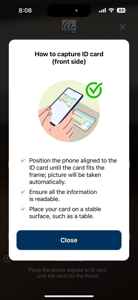 Instruction screen showing how to scan the front of an ID card for account registration
