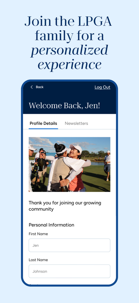 LPGA 앱 프로필 세부 정보와 개인화된 환영 메시지를 보여주는 모바일 화면