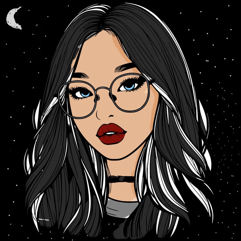 realistic korean girl with long hair, glasses and big lips