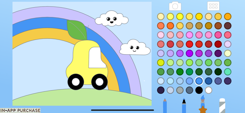 Coloring for Kids and Toddler - Coloring app interface for toddlers featuring a pear shaped car with a rainbow background and a large color palette.