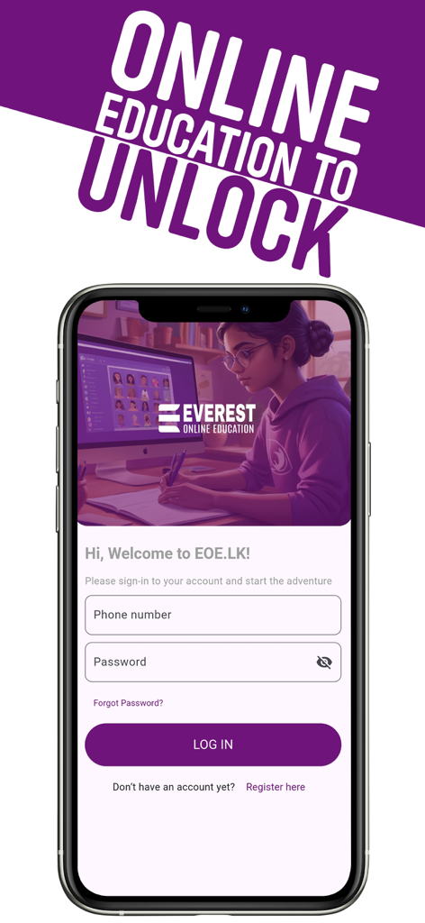 eoe.lk - Login page of the Everest Online Education mobile app with purple branding and sign in fields