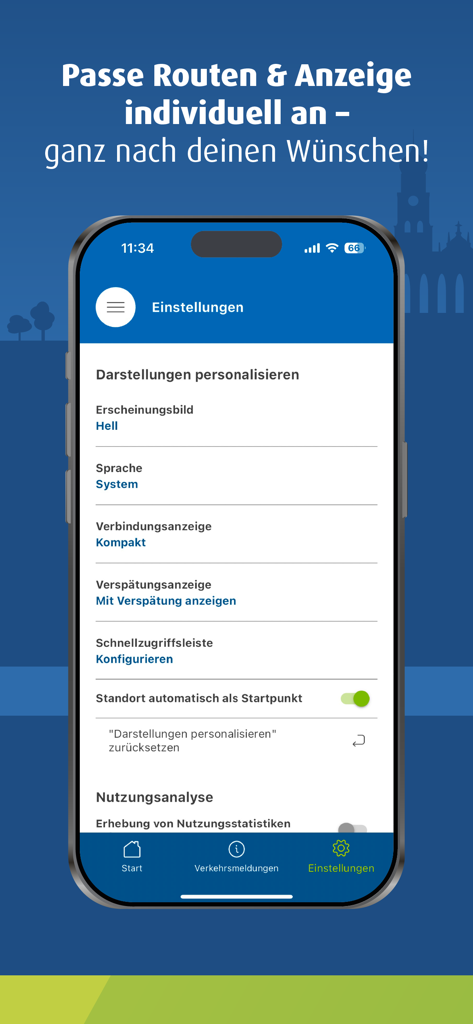 meinAVV - Settings screen of the meinAVV app showing customization options for display and language.