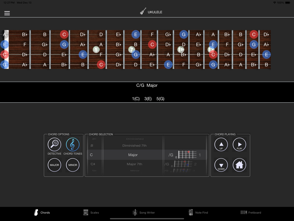 StringMaster Uke - StringMaster Uke app interface displaying a ukulele fretboard with chord selection and theory options.