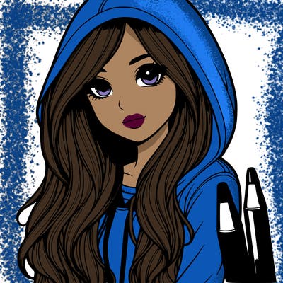 realistic girl with long hair, wearing a hoodie