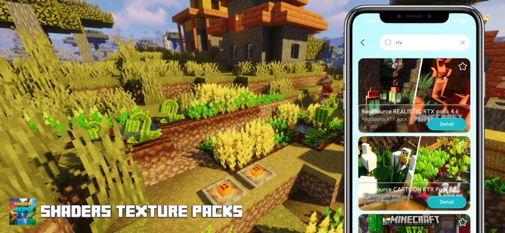 A smartphone interface showing realistic and cartoon RTX texture packs for Minecraft PE next to a high definition game landscape.