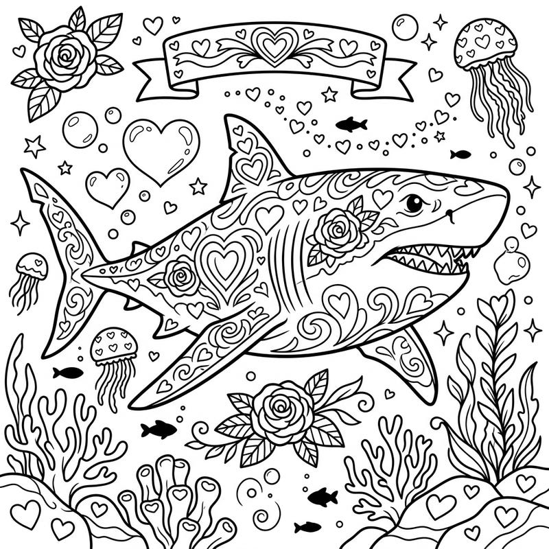 Unleash your creativity with this unique Megalodon Valentine's Day coloring page, blending ancient power with heartfelt romance. Adorned with intricate hearts and roses, it's a perfect blend for an engaging coloring experience.