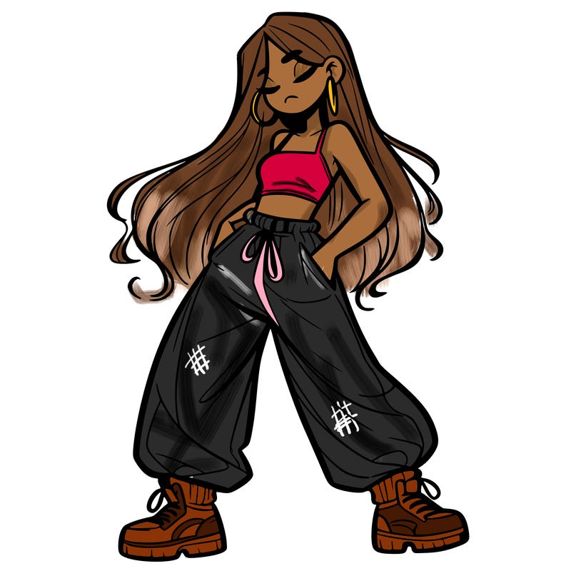 girl in baggy pants crop top and long hair