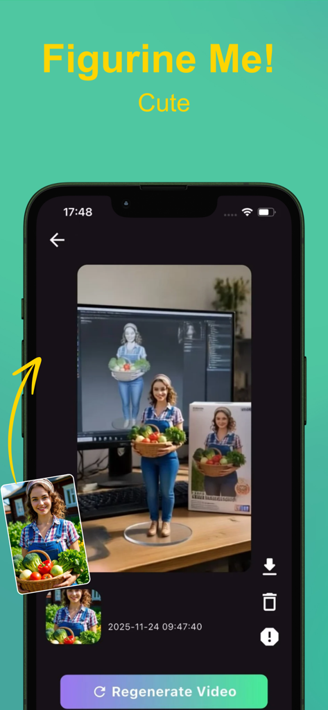 Solara AI app interface showing the Figurine Me feature transforming a portrait photo into a 3D mini sculpture on a desk.