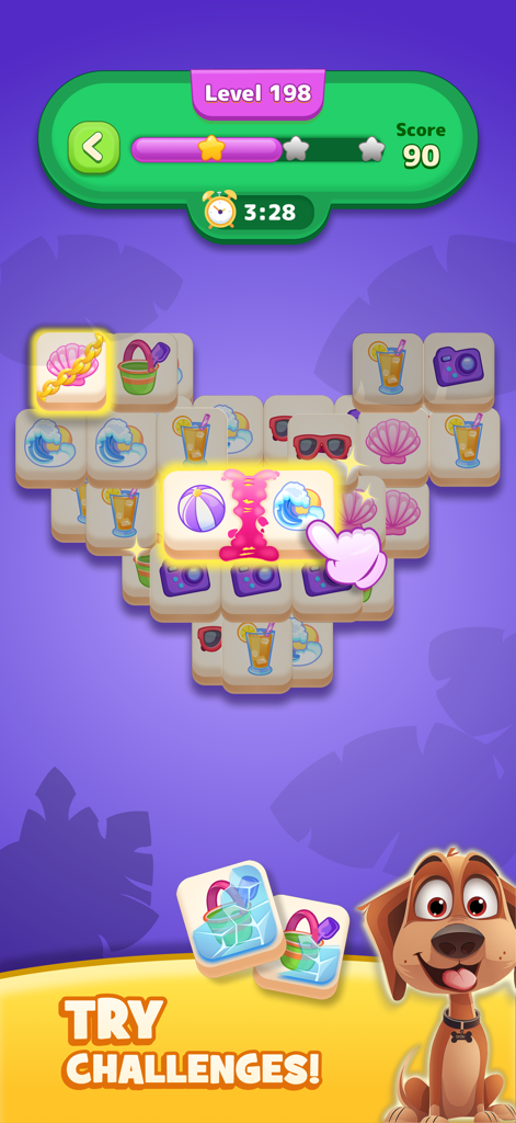 Nivel de puzle match 3 de Tile Tap Master con iconos de temática veraniega y un lindo personaje de perro