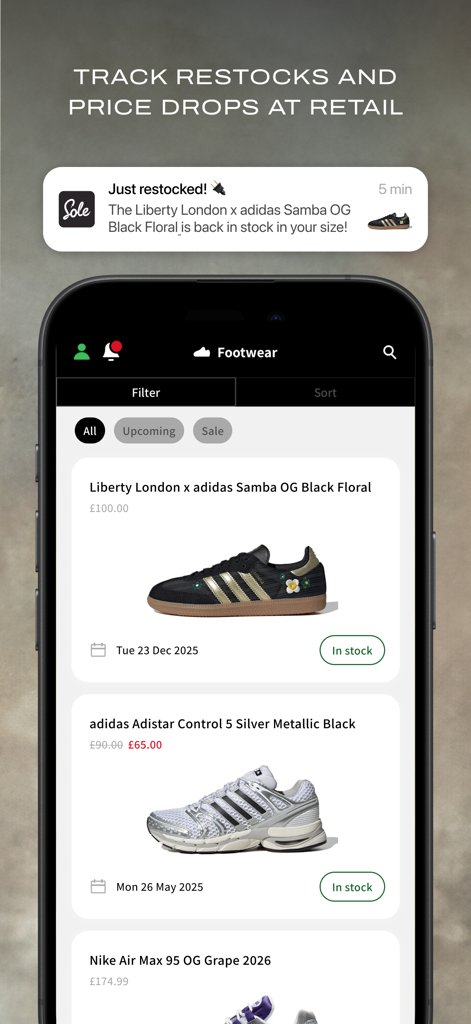 The Sole Supplier app interface showing sneaker restock notifications and price drops for brands like Adidas and Nike.