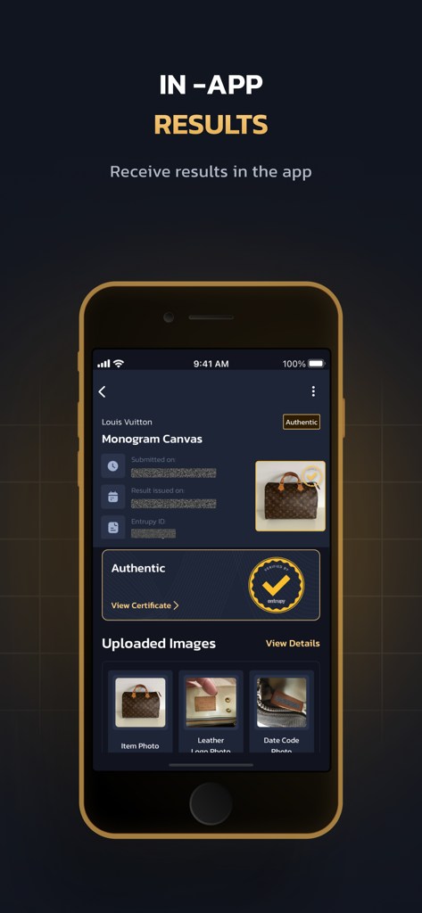 Entrupy app screen showing an authentic certificate for a luxury bag