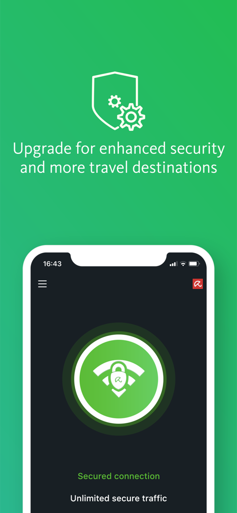 Avira Phantom VPN & Wifi Proxy - Pantalla de la aplicación Avira Phantom VPN mostrando el estado de la conexión segura y un mensaje promocional para actualizar y mejorar la seguridad.