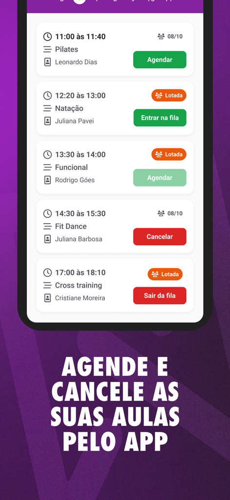 Interface of the Next Fit app showing gym class scheduling options including pilates and swimming