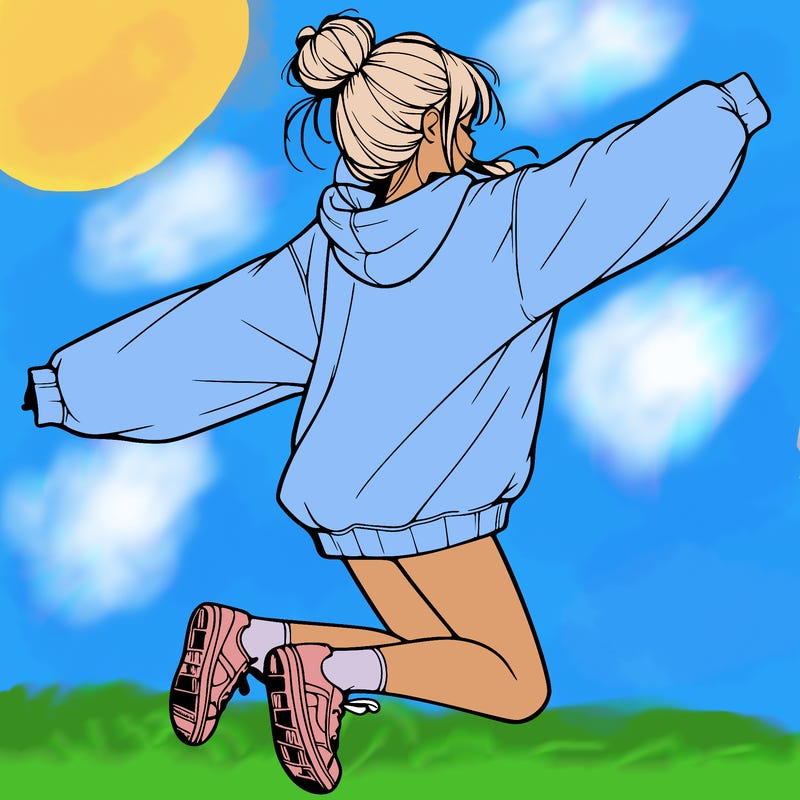 realistic girl jumping with a bun and oversized sweatshirt