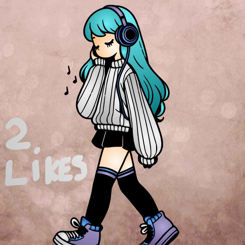 girl with leg warmers and long sweater and sneakers listening to music