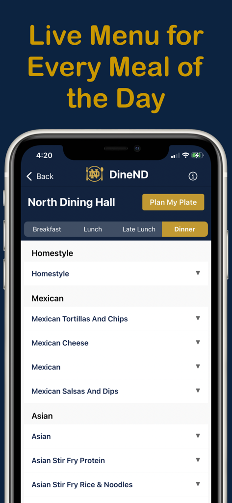 DineND - DineND app interface showing the North Dining Hall dinner menu with food categories.