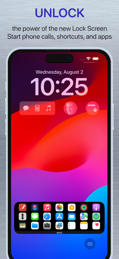 Launcher with Multiple Widgets - iPhone lock screen showing custom launcher widgets for apps, shortcuts, and contacts