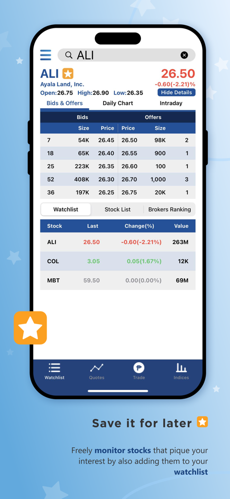 COL Mobile - Screenshot of the COL Mobile app showing a stock quote for Ayala Land and a watchlist feature for Philippine stocks