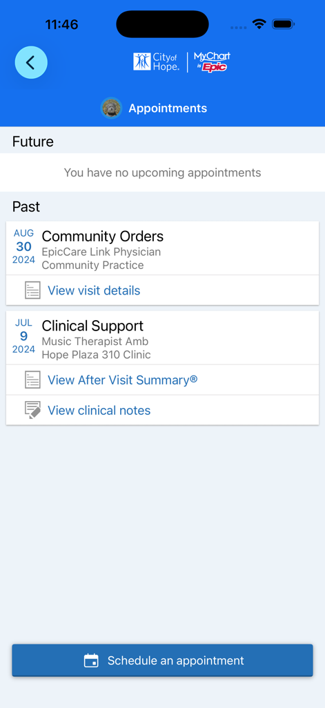 City of Hope mobile app screen showing a list of past medical appointments and clinical notes.
