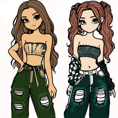 2 girls in crop tops and baggy jeans ripped