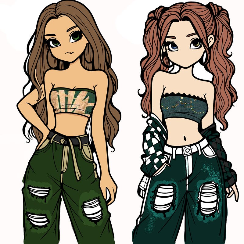 2 girls in crop tops and baggy jeans ripped