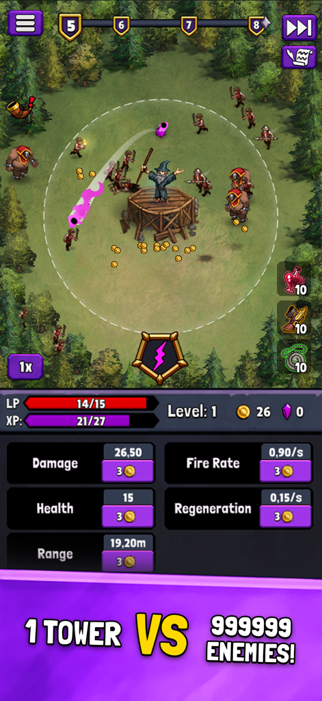 Evil Tower - Idle Defense TD - A wizard on top of a tower defending against waves of enemies in a forest
