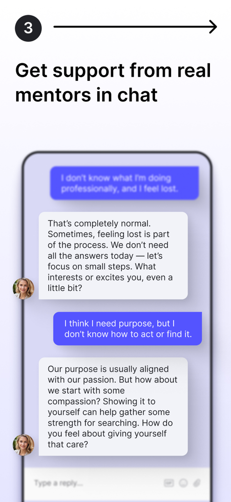 AddMileアプリのチャットインターフェース。個人的な成長と目的を見つけることについてのプロのライフコーチメンターとのサポート的な会話を示す