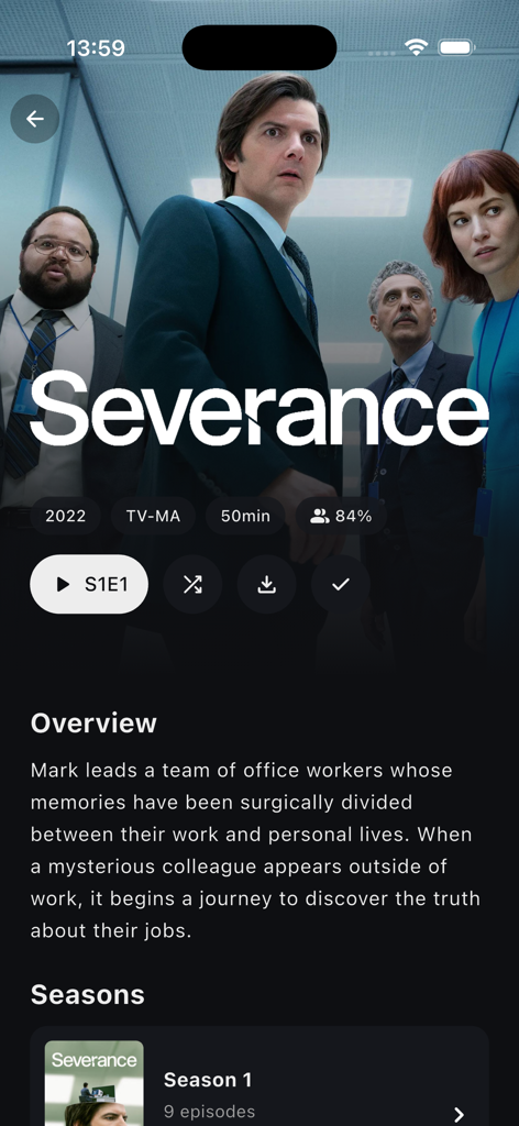 Plezy Client - Interfaz de la aplicación Plezy Client que muestra detalles y resumen de la serie de televisión Severance.