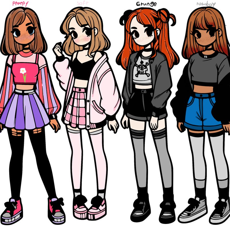 one girl with crop-top shirt and a jacket with a skirt, long socks and another girl with a shirt and pants with a jacket