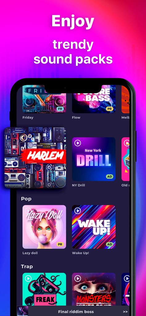 Beat Layers: Music, Beat Maker - Interface of the Beat Layers app displaying various trendy sound packs like NY Drill and Trap