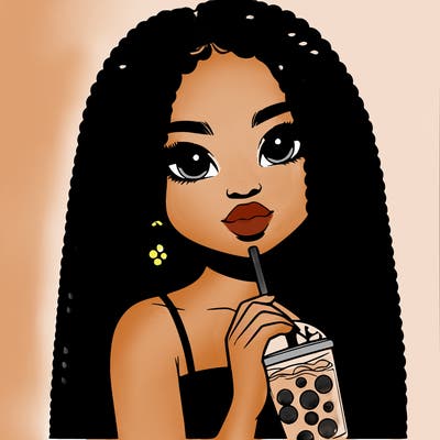 realistic girl holding a boba with braided hair