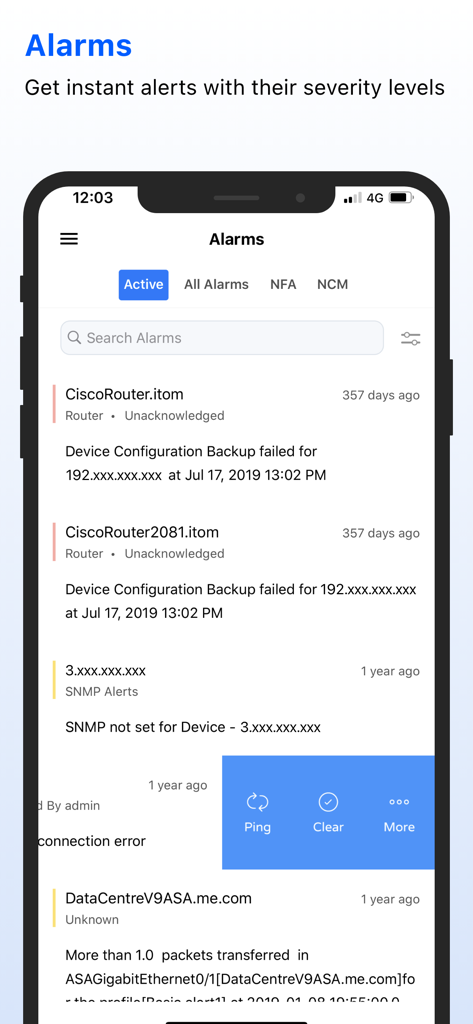 NetFlow Analyzer mobile app displaying a list of active network alarms and device configuration alerts.