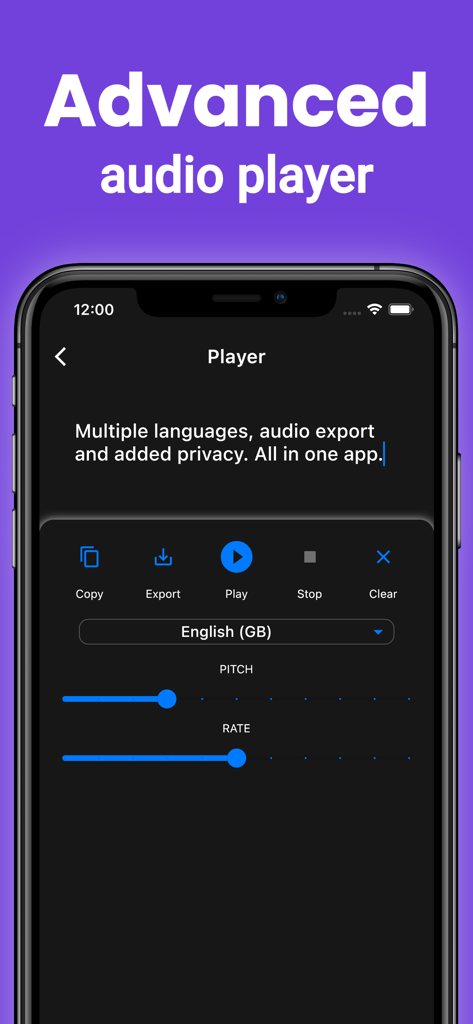 Interface avançada do reprodutor de áudio do aplicativo TTS mostrando controles deslizantes de tom e velocidade para conversão de texto em voz