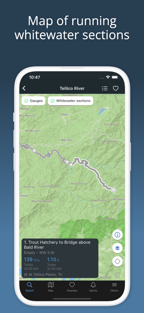 Map view of the RiverApp showing running whitewater sections and river flow data for the Tellico River