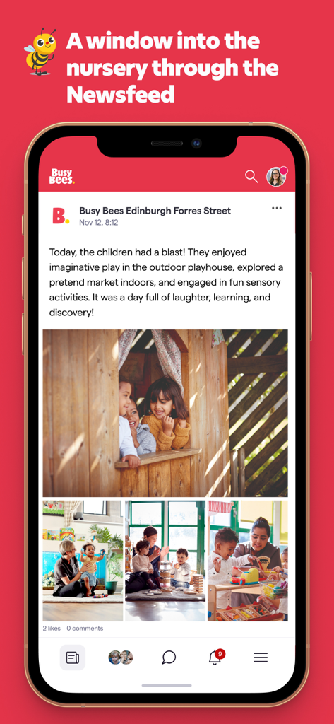 Busy Bees Childcare - Smartphone screen showing the Busy Bees Childcare app newsfeed with photos and real-time updates from the nursery.