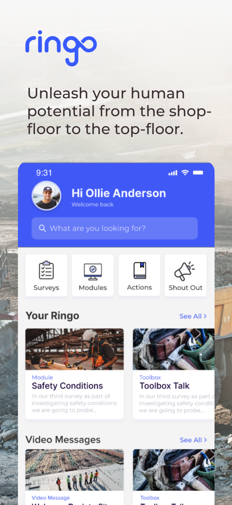 Ringo. - 職場安全モジュールとアンケートを表示するRingoアプリのホーム画面