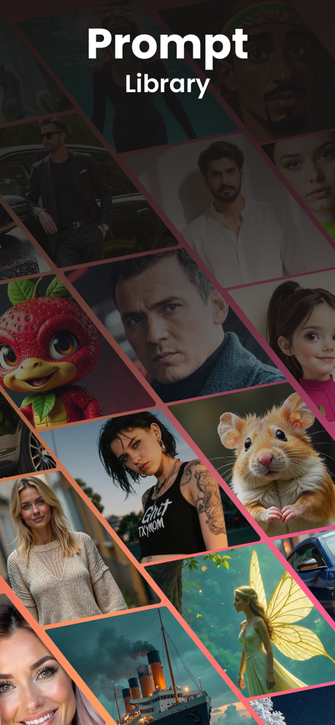 A collection of AI-generated images showing various styles and characters in the RTST.ai prompt library