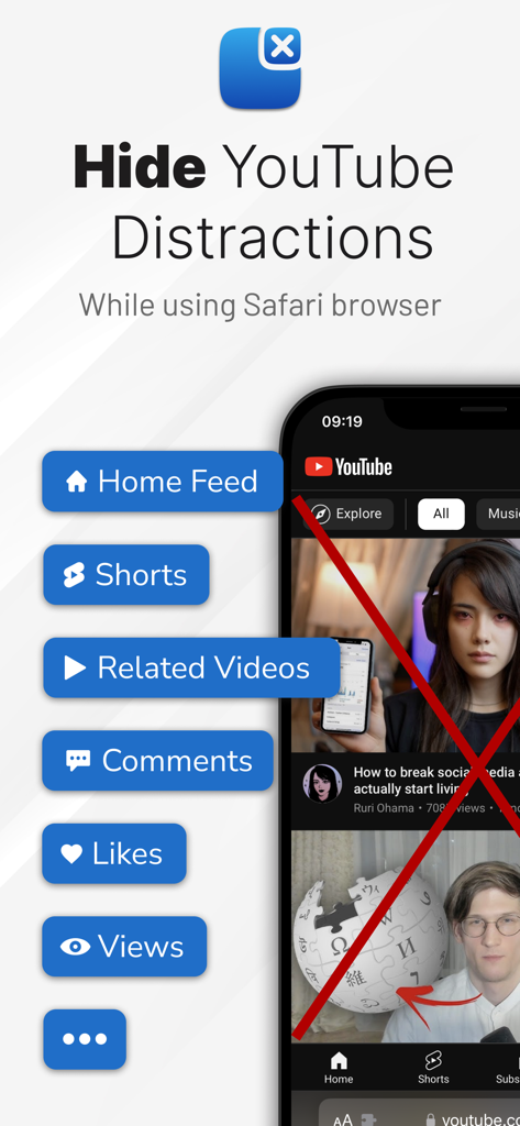 UnTrap app interface showing options to hide YouTube distractions like Shorts and Home Feed in Safari