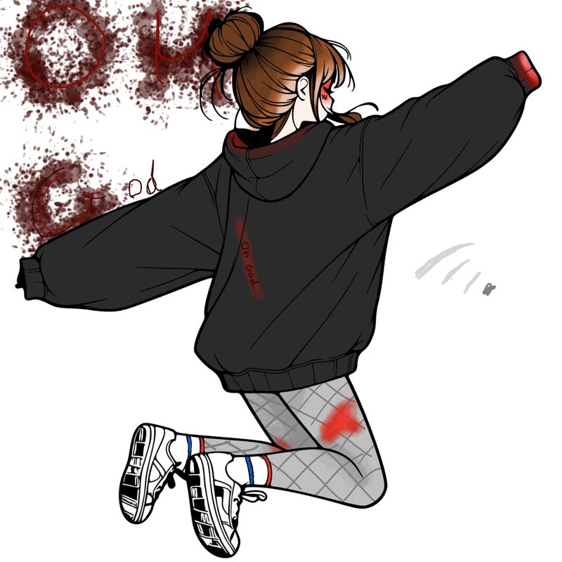 realistic girl jumping with a bun and oversized sweatshirt