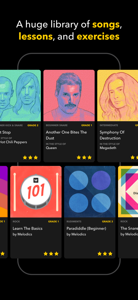 Melodics: Drum Lessons App - Interfaz de la aplicación Melodics que muestra una biblioteca de canciones y lecciones de batería, incluyendo temas de Queen y Red Hot Chili Peppers.