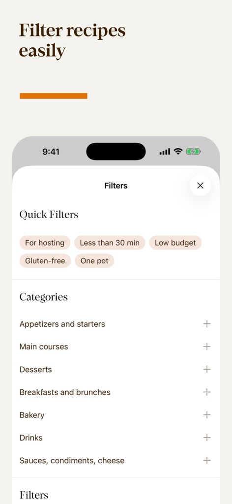 Eline's Table: Vegan Recipes - Screen showing recipe search filters for vegan food categories and cooking preferences.