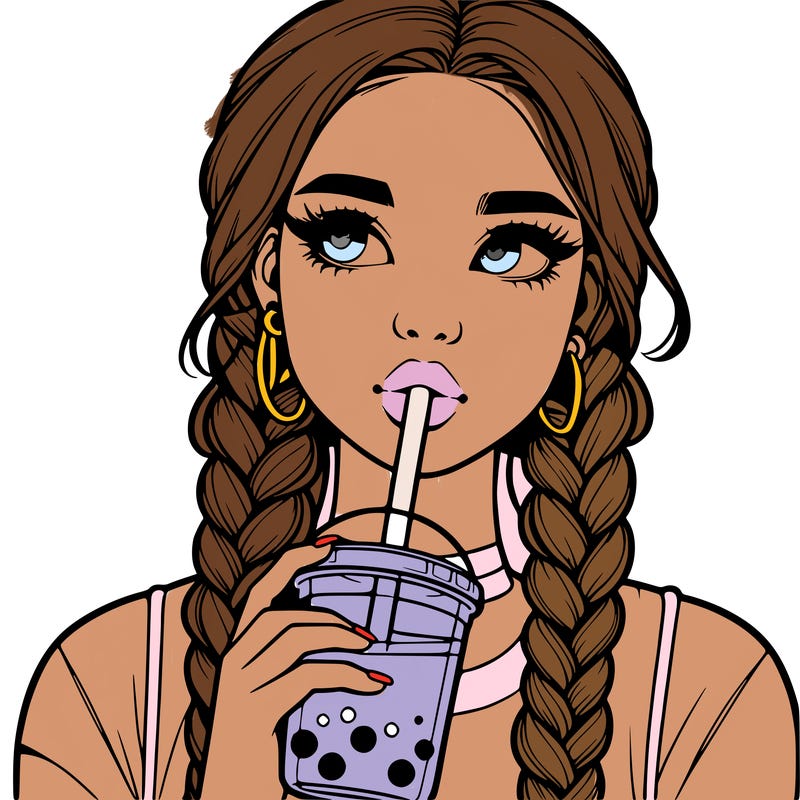 realistic girl with braided hair drinking boba