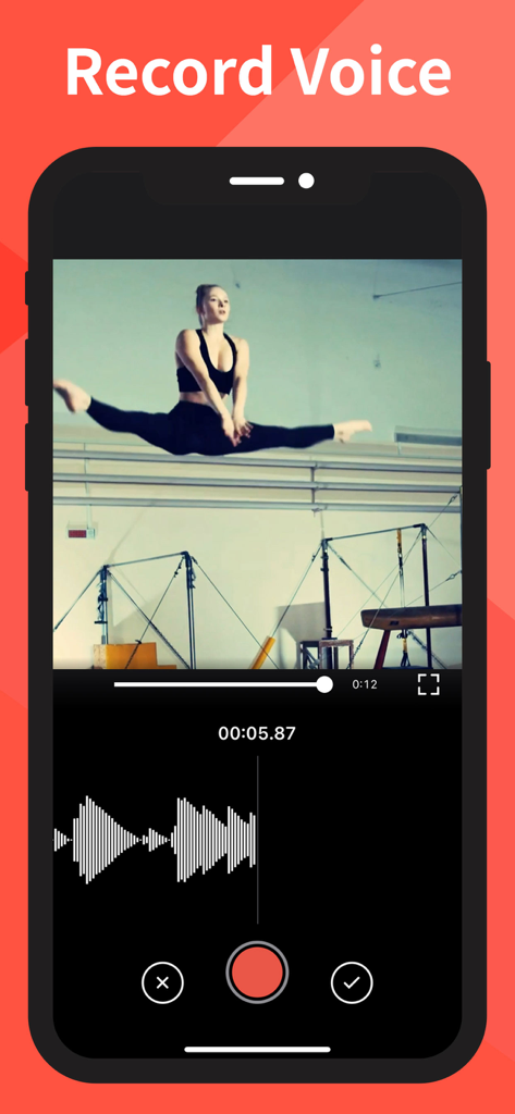 Slow-Fast Motion Video Editor - Slow-Fast Motion Video Editor app interface showing the voice recording feature over a video of a gymnast