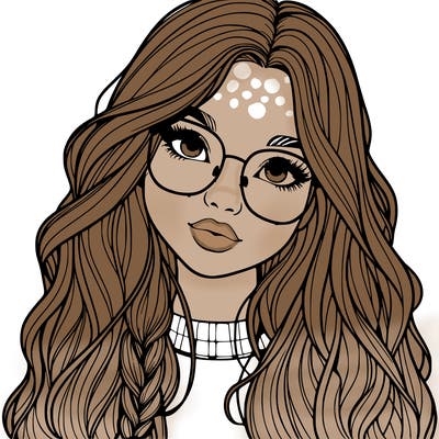 girl with long hair and freckles and glasses realistic