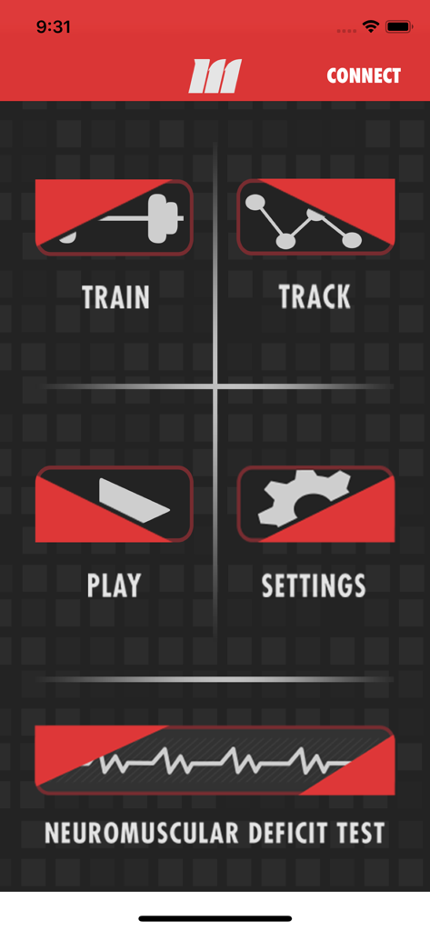 mTrigger™ Biofeedback - Main menu of the mTrigger Biofeedback app showing Train Track Play and Neuromuscular Deficit Test options.