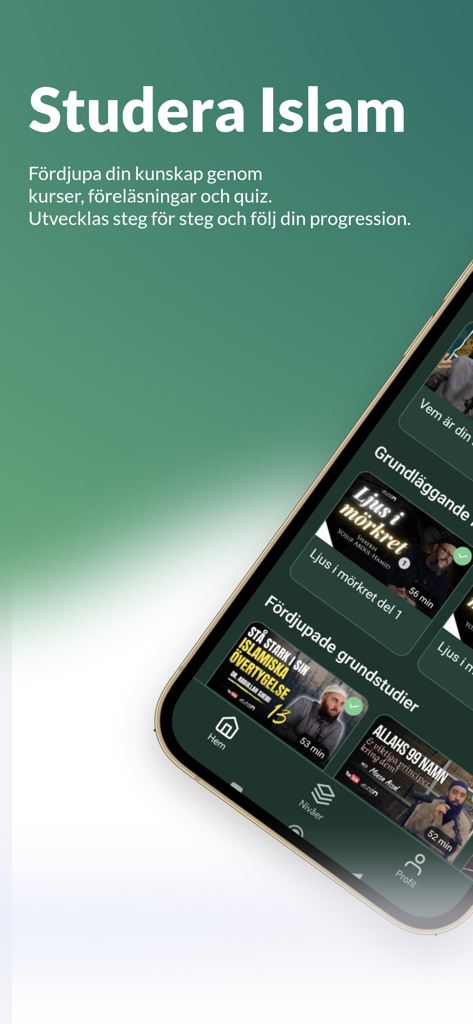 Islam.nu - Kurser - Islam.nu mobile app interface showing Islamic educational courses in Swedish