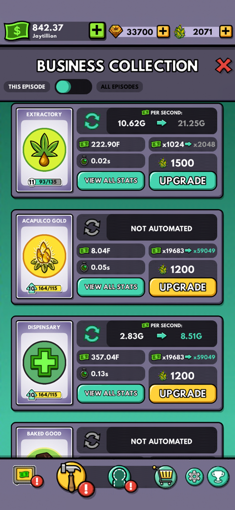 The business collection screen in Bud Farm Idle Tycoon showing upgrade options for different cannabis businesses.