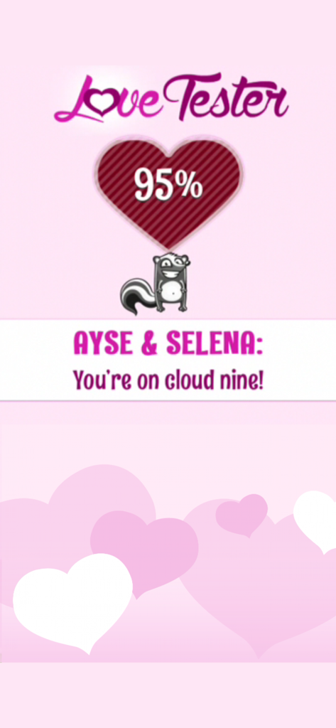 Interface do aplicativo Love Tester mostrando uma pontuação de compatibilidade de 95% para Ayse e Selena com um gráfico de coração