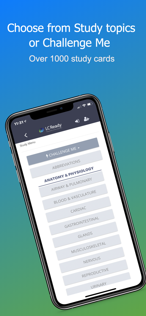 Med Term Review - Smartphone displaying the study menu of the Med Term Review app with medical terminology categories and anatomy topics